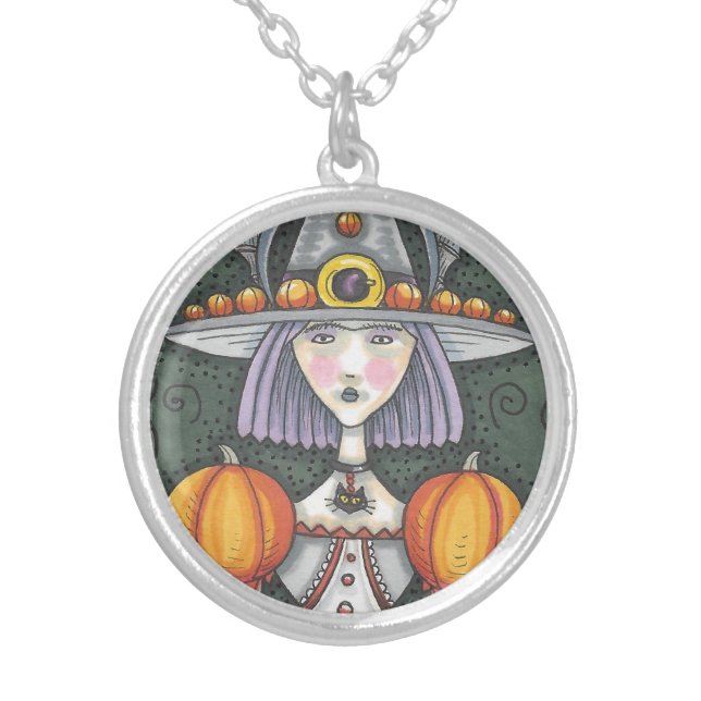 Gothic Witch Med Silver Plated Round Necklace (Front)