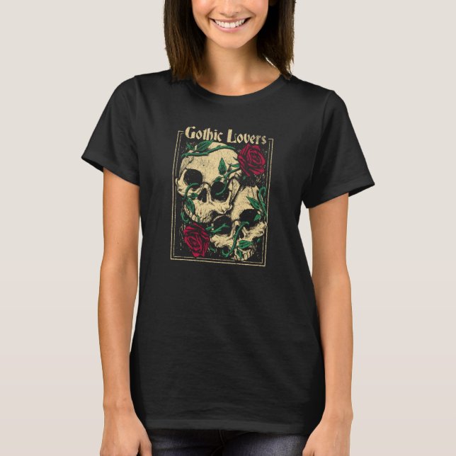 Gothic Witch Pagan Wiccan Wicca Roses & Skulls T-Shirt (Front)