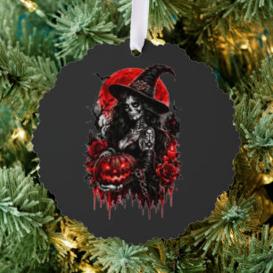 Gothic Witch Pumpkin Halloween Black Cat Spooky De Ornament Card