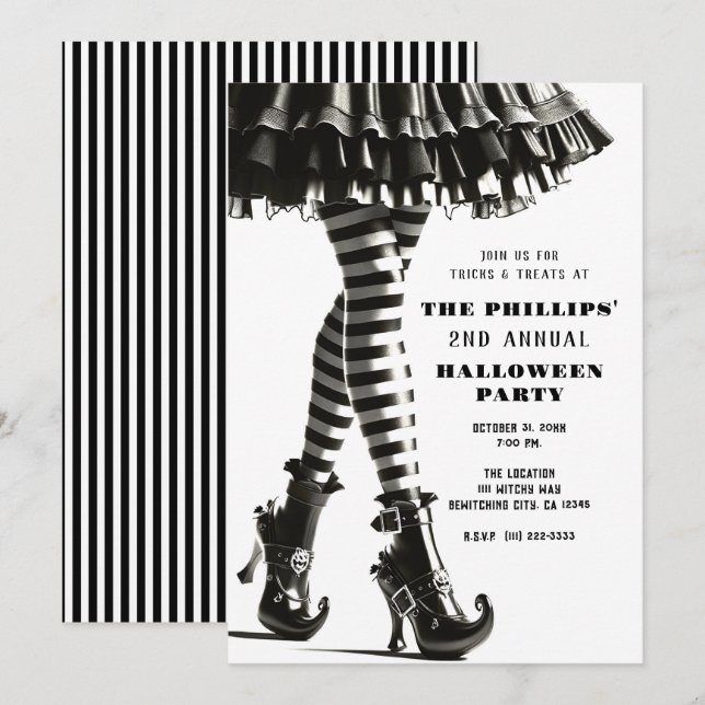 Gothic Witch Striped Legs Black White Halloween  Invitation (Front/Back)