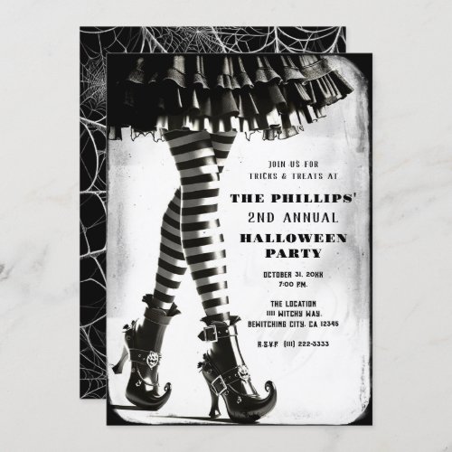 Gothic Witch Striped Legs Black White Halloween  Invitation