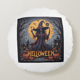 Gothic Witch Under the Full Moon – Dark Halloween  Round Pillow