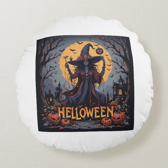 Gothic Witch Under the Full Moon – Dark Halloween  Round Pillow (Front)