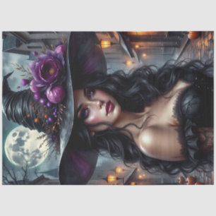 Gothic Witch with Moonlit Street and Purple Roses Tissue Paper