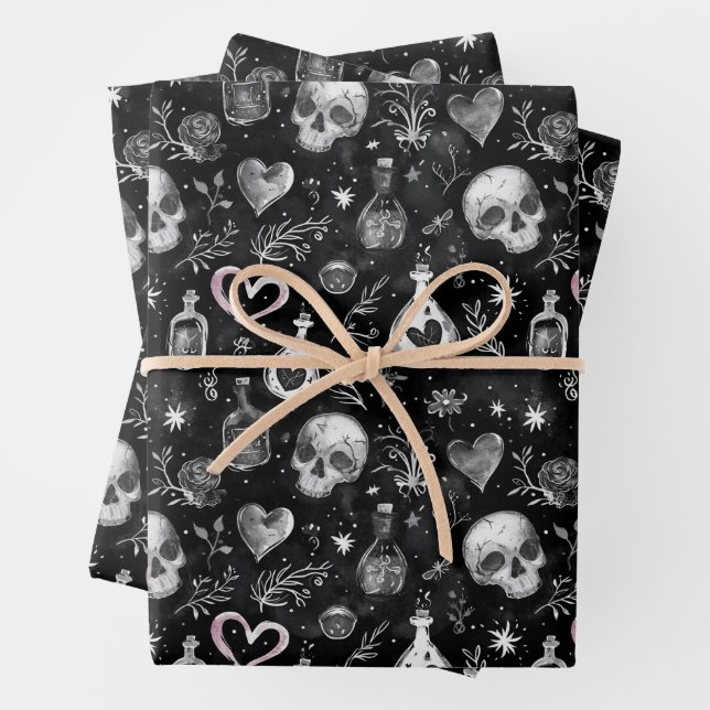Gothic Witchcraft Love Potion Skull hearts Wrapping Paper Sheets (In situ)