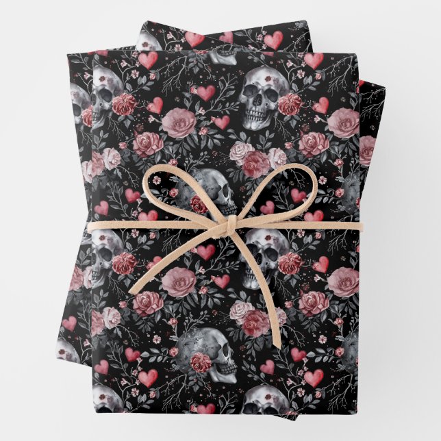 Gothic Witchcraft Skulls with Roses  Wrapping Paper Sheets (In situ)