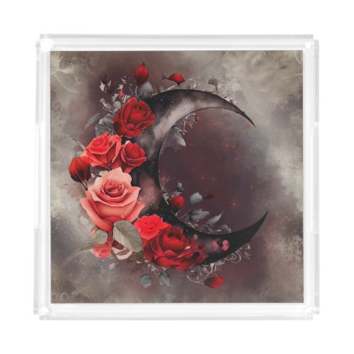 Gothic Witchery  Dark Crescent Moon and Red Roses Acrylic Tray