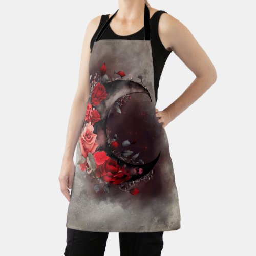 Gothic Witchery  Dark Crescent Moon and Red Roses Apron