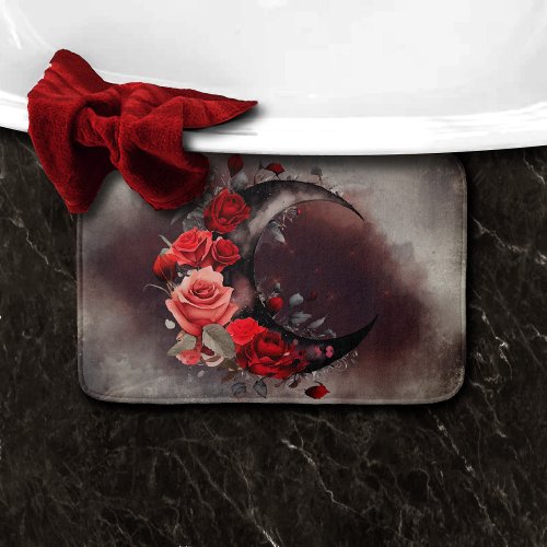 Gothic Witchery  Dark Crescent Moon and Red Roses Bath Mat