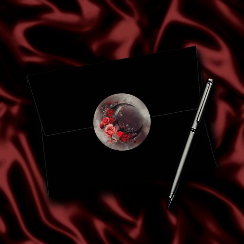 Gothic Witchery  Dark Crescent Moon and Red Roses Classic Round Sticker