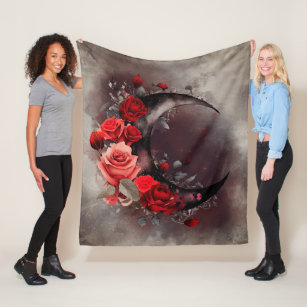 Gothic Witchery   Dark Crescent Moon and Red Roses Fleece Blanket