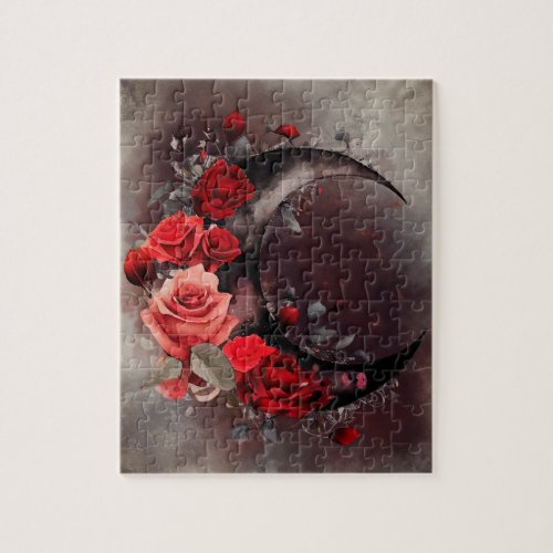 Gothic Witchery  Dark Crescent Moon and Red Roses Jigsaw Puzzle