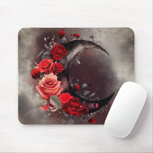 Gothic Witchery  Dark Crescent Moon and Red Roses Mouse Pad