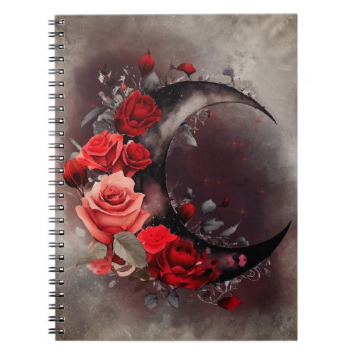 Gothic Witchery  Dark Crescent Moon and Red Roses Notebook