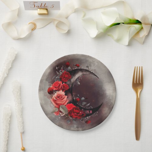 Gothic Witchery  Dark Crescent Moon and Red Roses Paper Plates