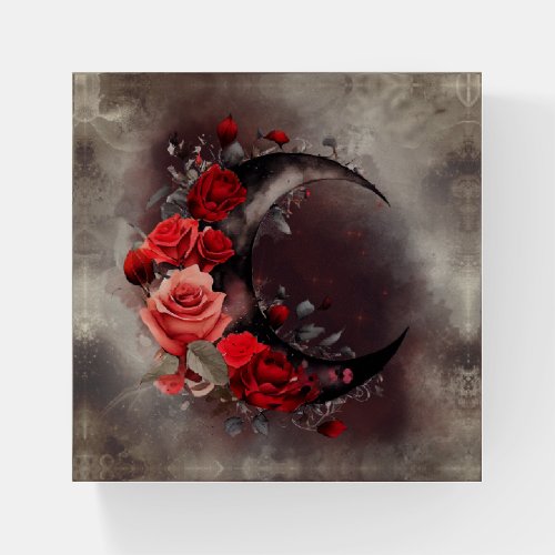 Gothic Witchery  Dark Crescent Moon and Red Roses Paperweight