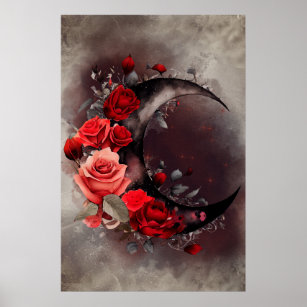 Gothic Witchery   Dark Crescent Moon and Red Roses Poster
