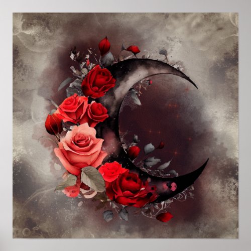 Gothic Witchery  Dark Crescent Moon and Red Roses Poster