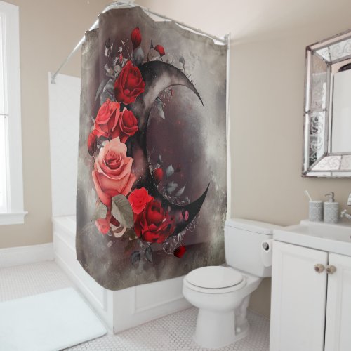 Gothic Witchery  Dark Crescent Moon and Red Roses Shower Curtain
