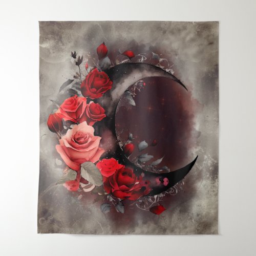 Gothic Witchery  Dark Crescent Moon and Red Roses Tapestry
