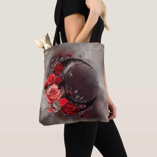 Gothic Witchery  Dark Crescent Moon and Red Roses Tote Bag