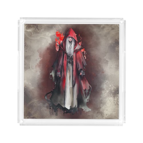 Gothic Witchery  Dark Red Witch with Evil Shadows Acrylic Tray