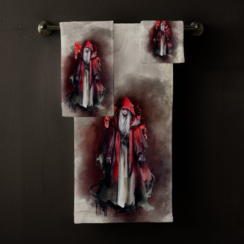Gothic Witchery  Dark Red Witch with Evil Shadows Bath Towel Set