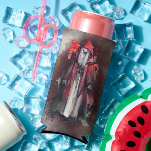 Gothic Witchery  Dark Red Witch with Evil Shadows Seltzer Can Cooler