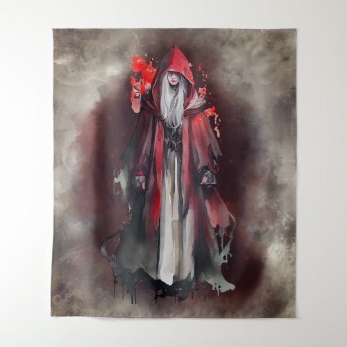Gothic Witchery  Dark Red Witch with Evil Shadows Tapestry