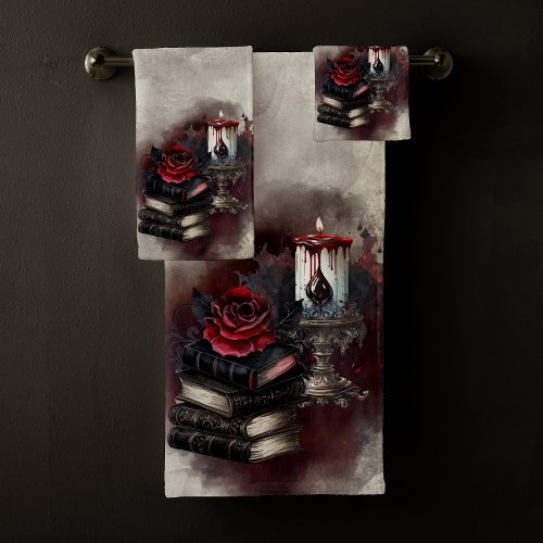 Gothic Witchery  Dark Red Witchy Tomes and Candle Bath Towel Set