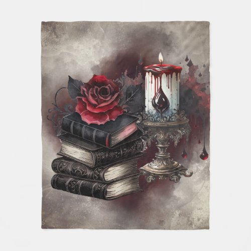 Gothic Witchery  Dark Red Witchy Tomes and Candle Fleece Blanket