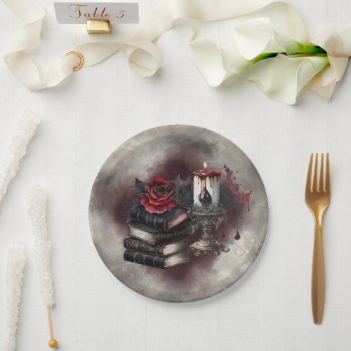 Gothic Witchery  Dark Red Witchy Tomes and Candle Paper Plates