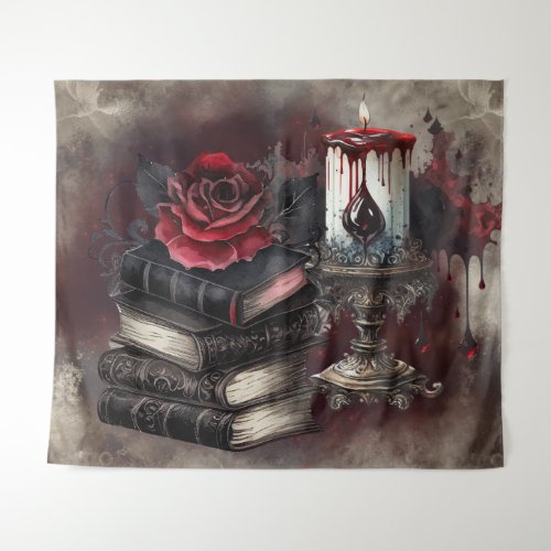 Gothic Witchery  Dark Red Witchy Tomes and Candle Tapestry