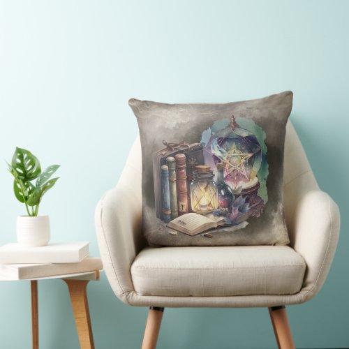 Gothic Witchery  Spellbook Tomes and Crystal Ball Throw Pillow