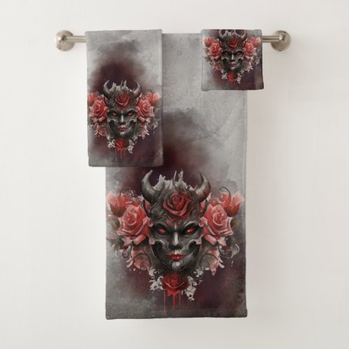 Gothic Wizardry  Dark Horned Demon with Red Eyes Bath Towel Set