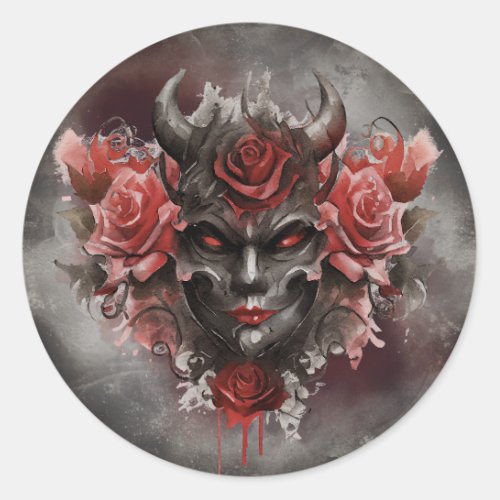 Gothic Wizardry  Dark Horned Demon with Red Eyes Classic Round Sticker