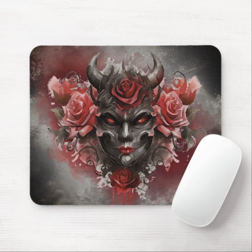 Gothic Wizardry  Dark Horned Demon with Red Eyes Mouse Pad