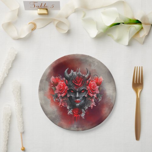 Gothic Wizardry  Dark Horned Demon with Red Eyes Paper Plates