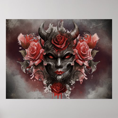 Gothic Wizardry  Dark Horned Demon with Red Eyes Poster
