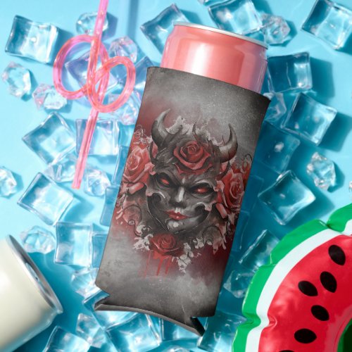 Gothic Wizardry  Dark Horned Demon with Red Eyes Seltzer Can Cooler