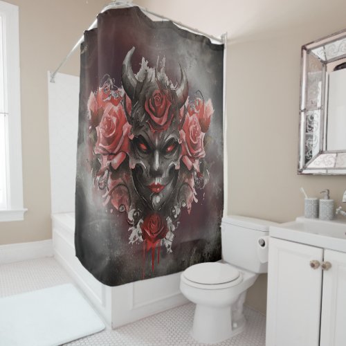 Gothic Wizardry  Dark Horned Demon with Red Eyes Shower Curtain