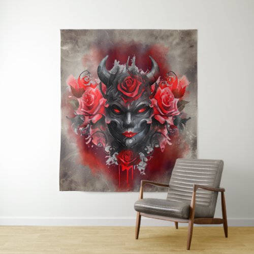 Gothic Wizardry  Dark Horned Demon with Red Eyes Tapestry