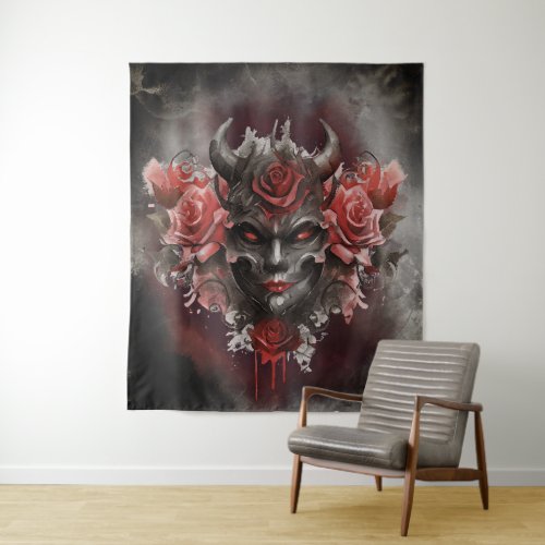 Gothic Wizardry  Dark Horned Demon with Red Eyes Tapestry