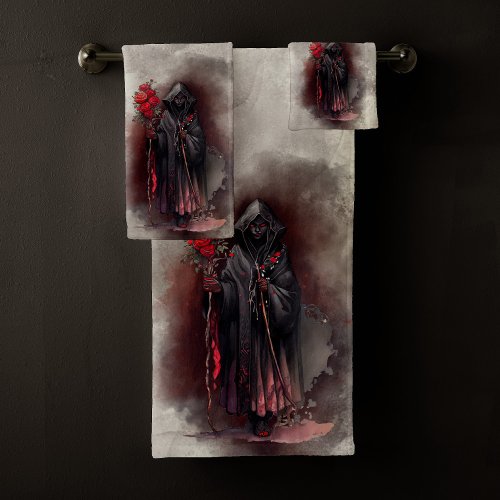 Gothic Wizardry  Dark Shadowy Witch with Red Eyes Bath Towel Set