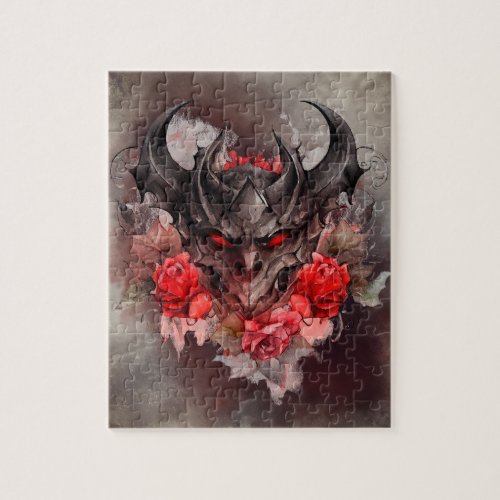 Gothic Wizardry  Red Eyed Demon Beast with Roses Jigsaw Puzzle