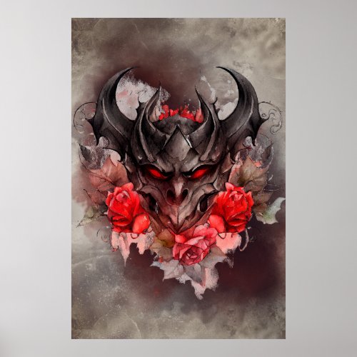 Gothic Wizardry  Red Eyed Demon Beast with Roses Poster