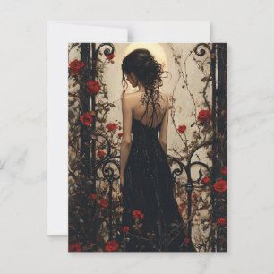 Gothic Woman in Black Dress Among Red Roses Postcard