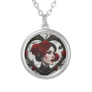 Gothic Woman in Heart Silver Plated Necklace