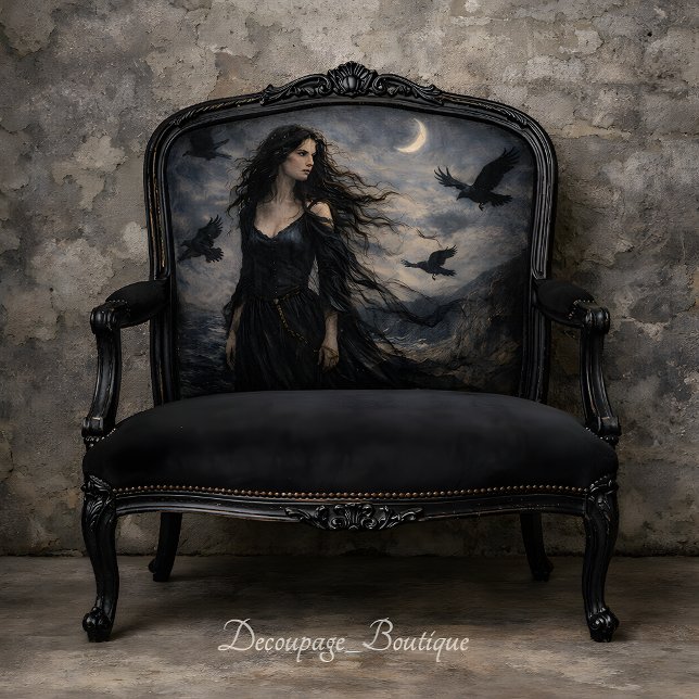 Gothic Woman Ravens Moonlit Ocean Scene Decoupage Tissue Paper (Gothic Woman Ravens Moonlit Ocean Scene Decoupage Mockup)