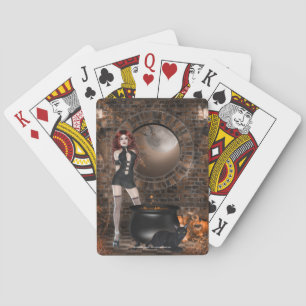 Gothic Woman with Black Cat Playing Cards